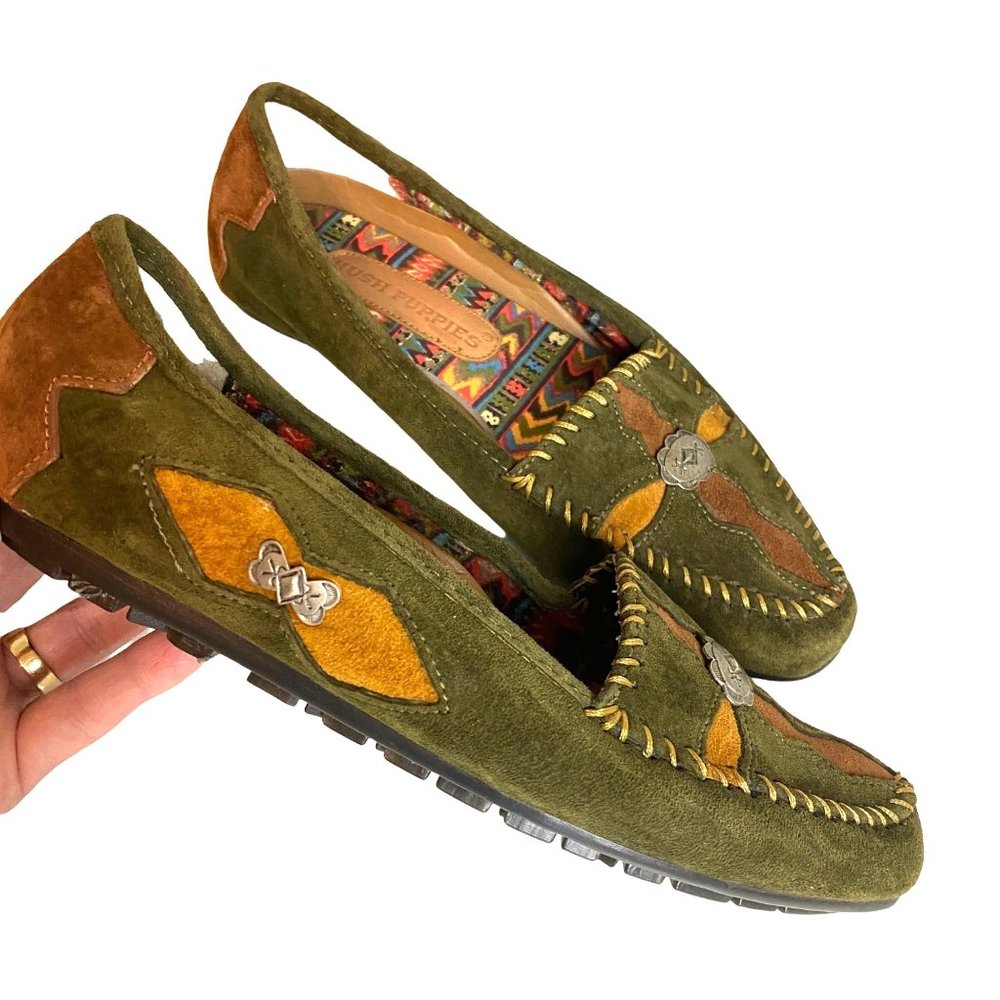Hush Puppies suede leather slip on moccasins loafers arch earth colors EUC 7.5